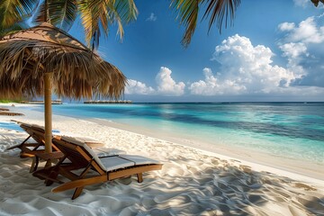 serene beach scene in the Maldives, with white sand and turquoise waters. Two wooden sunbeds under...