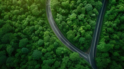 Top view road and green forest, Forest road going through highway road.