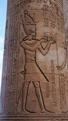 Sunken Wall Relief of the Pharoah Ptolemy VIII Euergetes II Tryphon on the outer pillars at the Temple of Sobek and Haroeris built in 2nd century BC by Ptolemy pharoahs in Kom Ombo,Near Aswan,Egypt