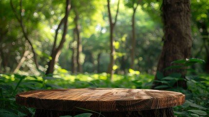 Empty wooden table forest jungle tree nature background for product display mock up.