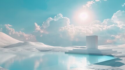 Artistic high-resolution photo capturing a vaporwave aesthetic with a minimal structure in a white desert, a sun-drenched lake, and white clouds