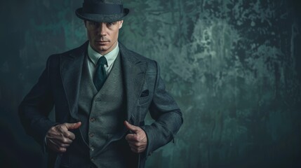 Artistic stock photo of a man in a classic Peaky Blinders suit, posing to highlight the timeless elegance of old-fashioned gangster attire