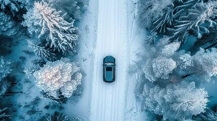 Top view car running on the cold winter road.
