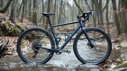 Fototapeta premium Navy blue cyclocross bike crossing a creek, adventurous spirit,