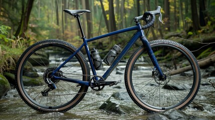 Fototapeta premium Navy blue cyclocross bike crossing a creek, adventurous spirit,