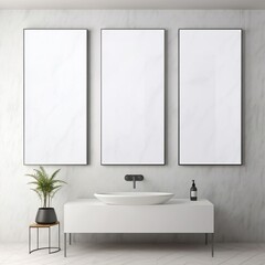 Blank White Posters farms Mock up handing on washbasin wall or hand wash area.