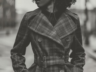 Obraz premium Close-up of a black woman strolling through 1950s Detroit, monochromatic tones capturing the spirit of the era, filled with gritty urban charm