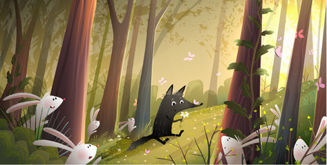 Cute little wolf in green wild forest and bunnies or rabbits. Animal characters in sunlight woods, cartoon for kids story or fairy tale. Artistic vector children illustration in watercolor style. © Popmarleo