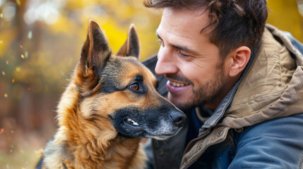 A dog gazing up adoringly at his owner, the man's smile reflecting the deep affection he feels for his furry friend.