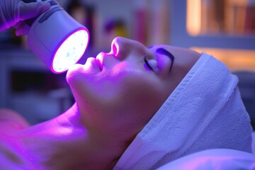 Naklejka premium Close up portrait of a young woman patient receiving a laser treatment in a spa salon. ai generated