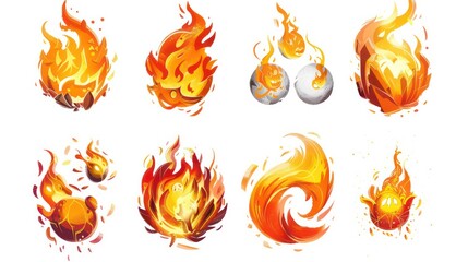 fire spell gaming icons isolated on a white background