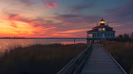 View of the Choptank River Lighthouse right after sunset n Cambridge, Maryland, United State.