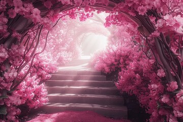a pink flower tunnel with stairs leading up to the light