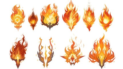 fire spell gaming icons isolated on a white background