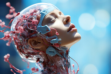 A close-up of a cyborg with complex red wiring against a blue backdrop