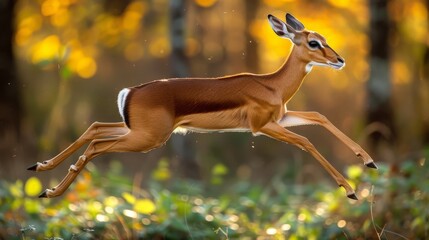   Deer bounding in woodland, trees, sunlit leaves behind