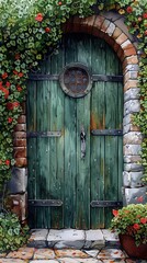 A charming illustration of a secret garden hidden behind a magical door.