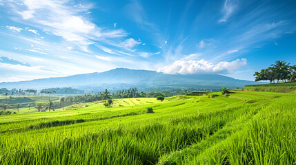 Obraz premium A scenic landscape of lush green paddy fields stretching to the horizon under a clear blue sky