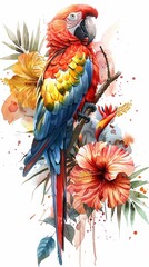 Obraz premium A colorful macaw perched on a branch surrounded by tropical flowers.