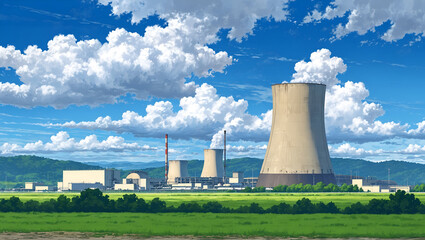 Fototapeta premium Illustration of nuclear power plant and power station with cloudy sky and mountain landscape.