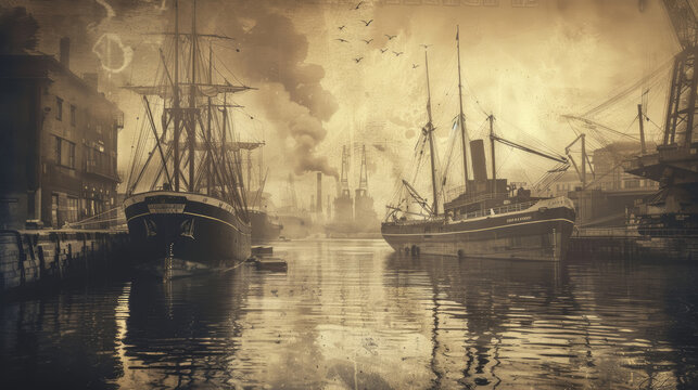 1930s Cargo Port Scene in Sepia Tone