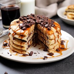 delicious fluffy chocolate chip pancakes with the topping of butter and sugar syrup on a plate with a slice cut out
