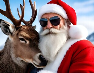 Portrait of a Cool modern Santa Claus with a long white beard in a red suit and sunglasses hugging a deer