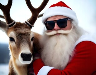 Portrait of a Cool modern Santa Claus with a long white beard and a chic mustache in a red suit and sunglasses hugging a deer