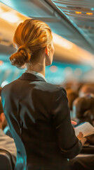 A woman in a black suit is standing in an airplane cabin