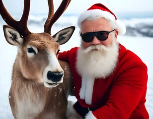 Portrait of a good-natured modern Santa Claus with a long white beard in a red suit and sunglasses with a deer