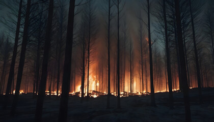 Burning forest at night. AI generated.