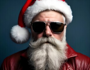Portrait of a cool modern Santa Claus with a long gray beard and a chic mustache wearing a red leather jacket and sunglasses