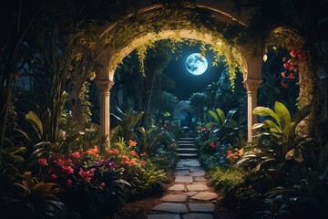 Moonlit Enchantment: A Walkway in A Lush Tropical Garden Under a Bright Moon