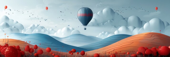 Serene Hot Air Balloon Floating Over Minimalist Field and Mountain Landscape in Dreamy Sketch Style