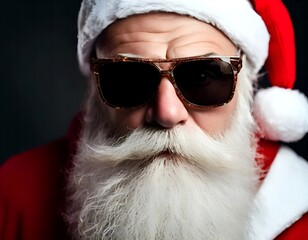 Portrait of a Cool modern Santa Claus with a long white beard in a red suit and sunglasses