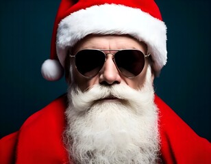 Portrait of a Cool modern Santa Claus with a long white beard in a red suit and sunglasses