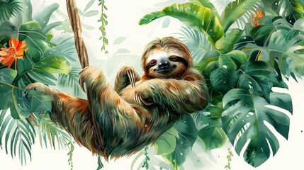Obraz premium A sleepy sloth hanging from a tree branch in the rainforest. 