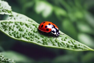 Fototapeta premium 'leaf ladybird background white isolated green coccinellidae bird summer spring photo red macro black insect fly foliage nobody vibrant floral tiny life bright head studio grass light gardening'