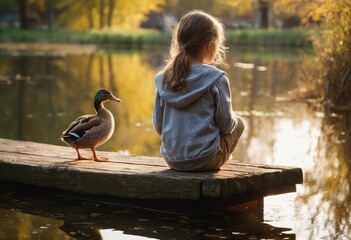 A child sits quietly on a wooden dock by a lake, watching a duck swim by, immersed in the tranquility of nature. - Powered by Adobe
