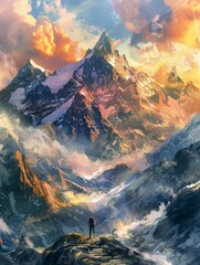 SnowCapped Majesty A Lone Hikers Journey Through A Spectacular Mountain Range Watercolor 