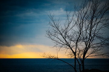 Dark ominous sea with sunset on the horizon in spring. Soft selective focus. Artificially created grain for the picture