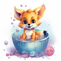 Whimsical Baby Fox in Vibrant Bathtub Bubble Frolic