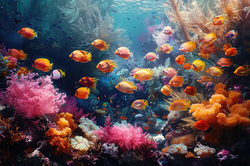 Fototapeta na wymiar A vibrant coral reef with colorful anemones and clownfish. Created with AI