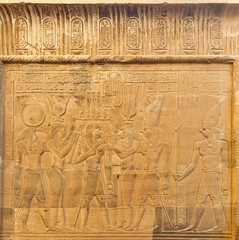 Beautiful wall reliefof Ptolemy XII Neos Dionysos receiving the Breath of Life from Bastet with...