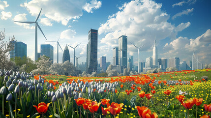 Panoramic view of a green city innovatively using tulips for urban beautification, powered by wind and solar energy