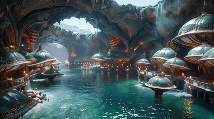 Surreal cave landscape teeming with oversized clams of various shapes and colors, their shells adorned with elaborate carvings and ornate decorations,