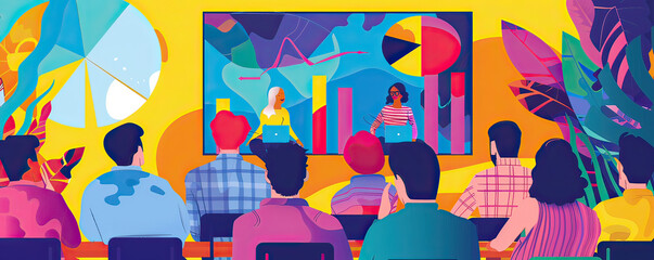 Illustration of a diverse group attending a creative presentation in a colorful and modern office environment.