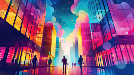 Bright, modern urban scene with silhouettes of people in a dynamic, colorful, futuristic city...