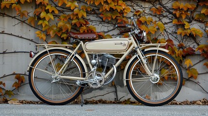Fototapeta premium Classic ivory touring bike in front of a vine-covered wall, picturesque journey,
