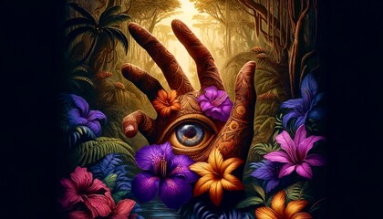 A hand with an eye in the middle of it is surrounded by flowers